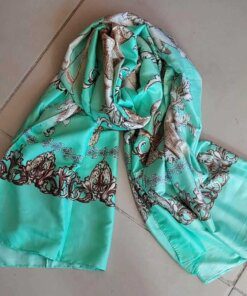 PASHMINA RASADA VERDE AQUA CON DIBUJOS BEIGE . 85 X 180 CM.