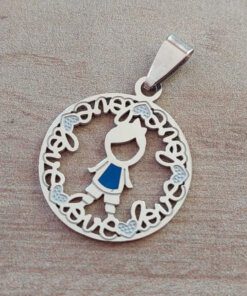 DIJE DE ACERO MEDALLA 25 MM CON NENE ESMALTADO AZUL INTERIOR Y BORDE "LOVE".