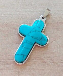 DIJE DE ACERO CRUZ CON PIEDRA TURQUESA 30 X 50 MM