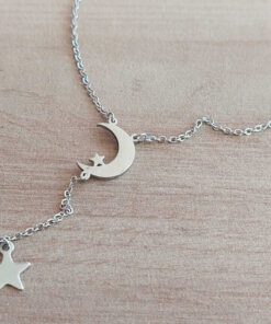 COLGANTE DE ACERO ESLABÓN ESPEJITO 0.4 CON LUNA DE BELÉN C/STRASS Y ESTRELLA COLGANTE. LARGO 47 CM, PARTE COLGANTE 5 CM.
