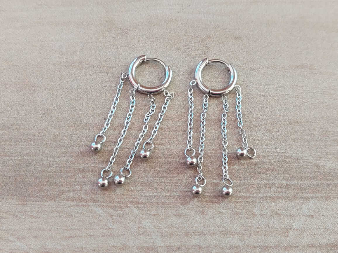 ARO DE ACERO ARGOLLA 10 MM CON BISAGRA Y TIRAS DE CADENAS CON BOLITAS, LARGO TOTAL 40 MM