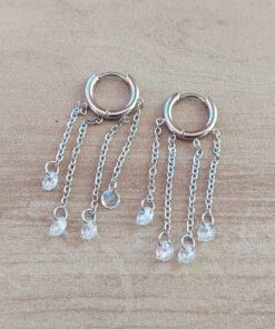 ARO DE ACERO ARGOLLA 10 MM CON BISAGRA Y TIRAS DE CADENAS CON STRASS BLANCO, LARGO TOTAL 40 MM