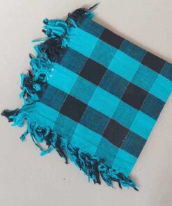 PAÑUELO VISCOSA, ESCOCES Y LUREX HINDU DESFLECADO TURQUESA Y NEGRO 1M X 1M