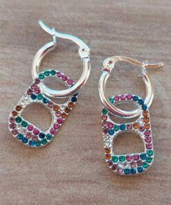 ARO DE ACERO BLANCO ARGOLLA 14 MM CON DIJE CHAPA CALADA STRASS MULTICOLOR COLGANTE. LARGO TOTAL 32 MM
