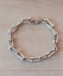 PULSERA DE ACERO ESLABÓN CONECTOR U C/BOLITAS.  LARGO 18,5 CM.