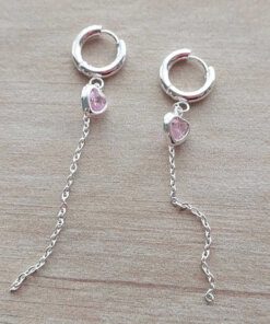 ARO DE ACERO BLANCO ARGOLLA 10 MM CON CADENA COLGANTE Y CORAZON DE STRASS ROSA ENGARZADO. LARGO TOTAL 65 MM