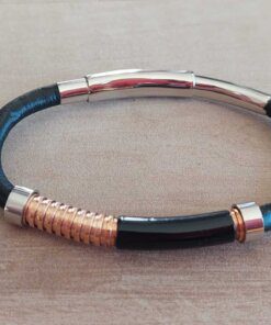 PULSERA DE CAUCHO REGULABLE CON CENTRO EN ACERO NEGRO Y ACERO ROSE TRABAJADO