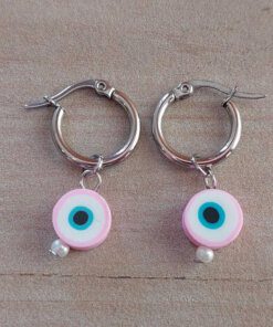 ARO DE ACERO ARGOLLA 14 MM CON DIJE OJO TURCO ROSA COLGANTE.