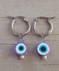 ARO DE ACERO ARGOLLA 14 MM CON DIJE OJO TURCO LILA COLGANTE.