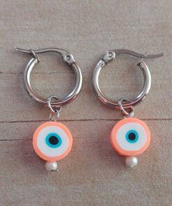 ARO DE ACERO ARGOLLA 14 MM CON DIJE OJO TURCO NARANJA COLGANTE.
