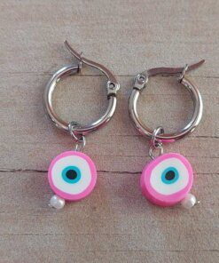 ARO DE ACERO ARGOLLA 14 MM CON DIJE OJO TURCO FUCSIA COLGANTE.