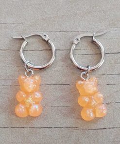 ARO DE ACERO ARGOLLA 14 MM CON DIJE OSITO GUMMY ACRÍLICO NARANJA COLGANTE.