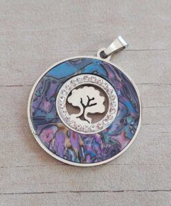 DIJE DE ACERO CIRCULO CON NACER Y STRASS BLANCO CON ÁRBOL DE LA VIDA 35 MM.