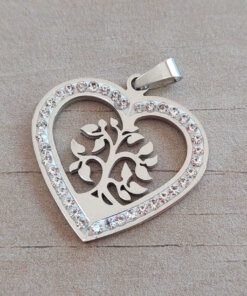 DIJE DE ACERO CORAZÓN CON STRASS Y ÁRBOL DE LA VIDA CALADO 30 MM .