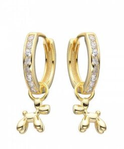 ARO PLATA BAÑADA ORO HUGGIES 12 MM CON ZIRCONES Y DIJE PERRO SALCHICHA. PESO APROX 2.64 GRS.