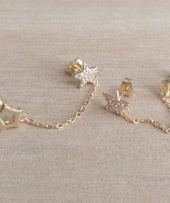 ARO DE ACERO DORADO DOBLE PASANTE ESTRELLAS CON CADENA Y STRASS X PAR