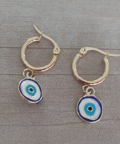 ARO DE ACERO DORADO ARGOLLA 15 MM CON DIJE OJO TURCO ESMALTADO EN AZUL, BLANCO Y CELESTE