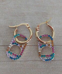 ARO DE ACERO DORADO ARGOLLA 14 MM CON CHAPA GRANDE C/STRASS MULTICOLOR