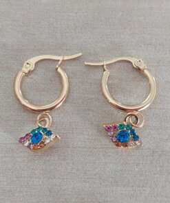 ARO DE ACERO DORADO ARGOLLA 14 MM CON OJITO TURCO C/STRASS MULTICOLOR