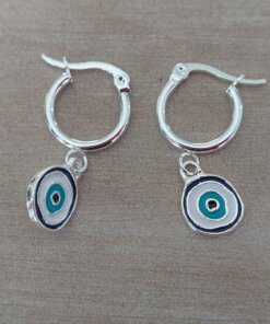 ARO DE ACERO BLANCO ARGOLLA 15 MM CON DIJE OJO ESMALTADO COLGANTE. LARGO TOTAL 31 MM
