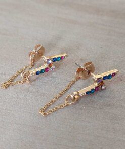 ARO DE ACERO DORADO RAYO CON STRASS MULTICOLOR PASANTE CON CADENA UNIDA A FRU FRU