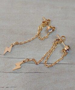 ARO DE ACERO DORADO SUSANITO CON STRASS BLANCO CON CADENA UNIDA A FRU FRU Y RAYO COLGANTE