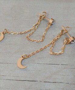 ARO DE ACERO DORADO SUSANITO CON STRASS BLANCO CON CADENA UNIDA A FRU FRU Y LUNA COLGANTE