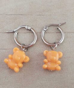 ARO DE ACERO ARGOLLA 14 MM CON DIJE OSITO GUMMY ACRÍLICO PEQUEÑO NARANJA COLGANTE.