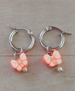 ARO DE ACERO ARGOLLA 14 MM CON DIJE MARIPOSA NARANJA COLGANTE