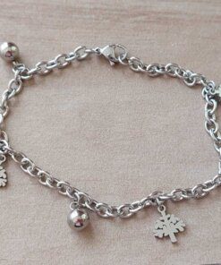 PULSERA DE ACERO ESLABÓN TIFFANY CON BOLITAS Y DIJES DE ÁRBOL DE LA VIDA. LARGO 19 CM