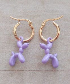 ARO DE ACERO DORADO ARGOLLA 14 MM CON DIJE PERRO GLOBO LILA