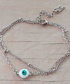 PULSERA DE ACERO DOBLE ESLABÓN ESPEJITO/ESPEJITO CON BOLITAS Y DIJE OJO TURCO. LARGO 17,5 CM + 5 CM EXT.