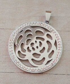 DIJE DE ACERO ROSA CON CIRCULO DE STRASS 39 MM