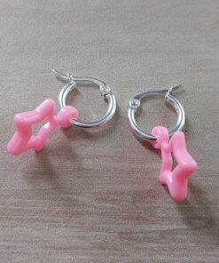 ARO DE ACERO BLANCO ARGOLLA 15 MM CON ESTRELLA DE ACRÍLICO COLOR ROSA