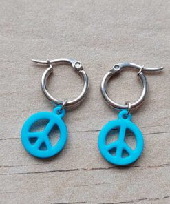 ARO DE ACERO ARGOLLA 14 MM CON DIJE SÍMBOLO DE LA PAZ COLGANTE TURQUESA