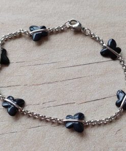 PULSERA DE ACERO ROLO 2.0 CON MARIPOSAS DE ACRÍLICO NEGRO ENGARZADA. LARGO 18.5 CM