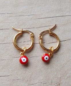 ARO DE ACERO DORADO ARGOLLA 14 MM CON OJO TURCO ROJO