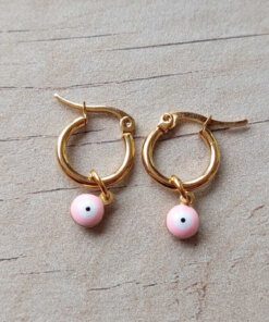 ARO DE ACERO DORADO ARGOLLA 14 MM CON OJO TURCO ROSA