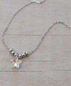 COLGANTE DE ACERO ESLABÓN ESPEJITO CON DIJE ESTRELLA CRISTAL TORNASOL. LARGO 45 CM