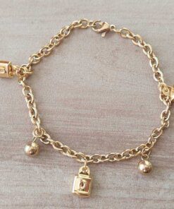 PULSERA DE ACERO DORADO ESLABÓN TIFFANY CON CANDADOS Y BOLITAS COLGANTES. LARGO 18,5 CM