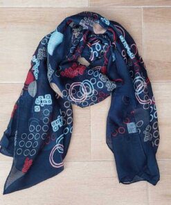 PASHMINA FONDO AZUL MARINO ESTAMPADA CON CÍRCULOS. MEDIDAS: 80 X 180 CM.