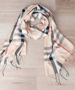 PASHMINA ESCOCESA CON FLECOS FONDO BEIGE 65 X 180 CM.