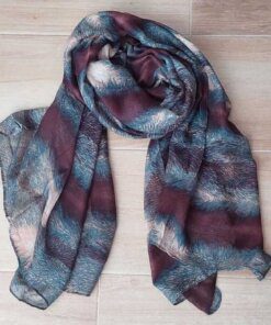 PASHMINA ESTAMPADA PETROLEO Y MARRÓN SIN FLECOS, 80 X 180 CM.