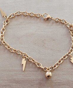 PULSERA DE ACERO DORADO ESLABÓN TIFFANY CON RAYOS Y BOLITAS COLGANTES. LARGO 19,5 CM