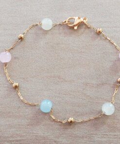 PULSERA DE ACERO DORADO FORCET CON BOLITAS SÍMIL PIEDRA MULTICOLOR Y BOLITAS 3 MM. LARGO 19 CM