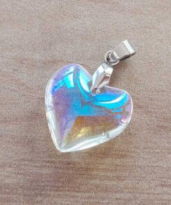 DIJE DE ACERO CORAZÓN DE ACRÍLICO TORNASOL CLARO ESPEJADO . TAMAÑO 20 MM.