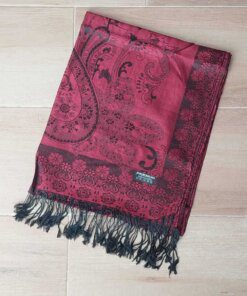 PASHMINA BÚLGARA BORDO CON FLORES Y GUARDA DE BORDE . 70 X 180 CM.