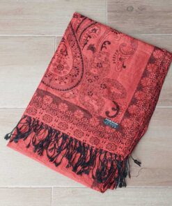 PASHMINA BÚLGARA NARANJA CON FLORES Y GUARDA DE BORDE . 70 X 180 CM.