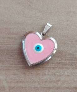 DIJE DE ACERO RELICARIO CORAZÓN ESMALTADO COLOR ROSA CON OJITO TURCO EN EL CENTRO. TAMAÑO 22 MM
