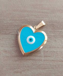 DIJE DE ACERO DORADO RELICARIO CORAZÓN ESMALTADO COLOR CELESTE CON OJITO TURCO EN EL CENTRO. TAMAÑO 22 MM
